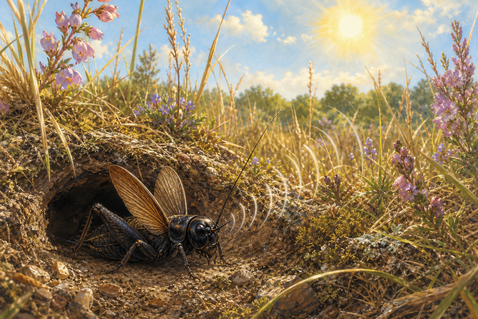 An editorial illustration celebrating the life and habitat of the field cricket.