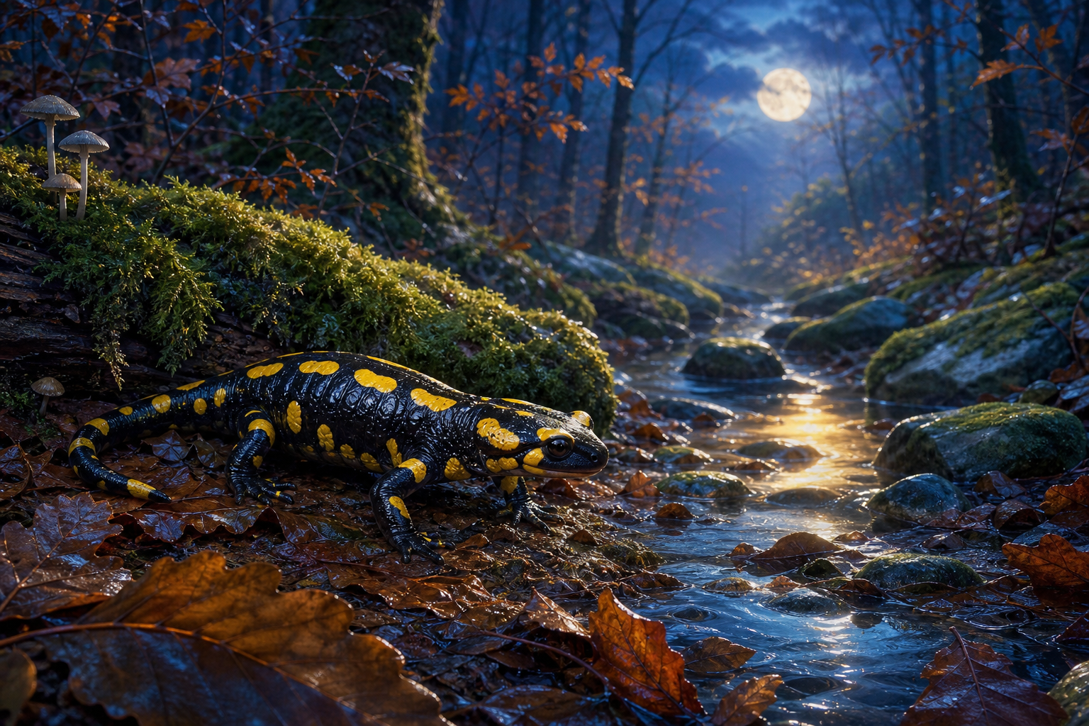 An editorial illustration celebrating the life and habitat of the fire salamander.