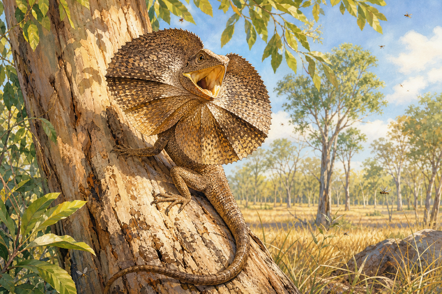 An editorial illustration celebrating the life and habitat of the frilled lizard.