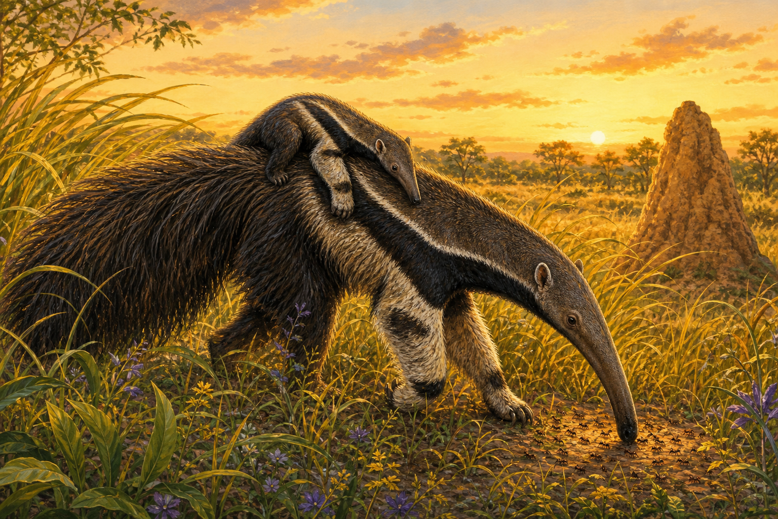 An editorial illustration celebrating the life and habitat of the giant anteater.