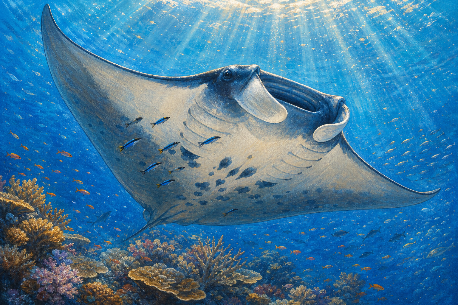 An editorial illustration celebrating the life and habitat of the giant manta ray.