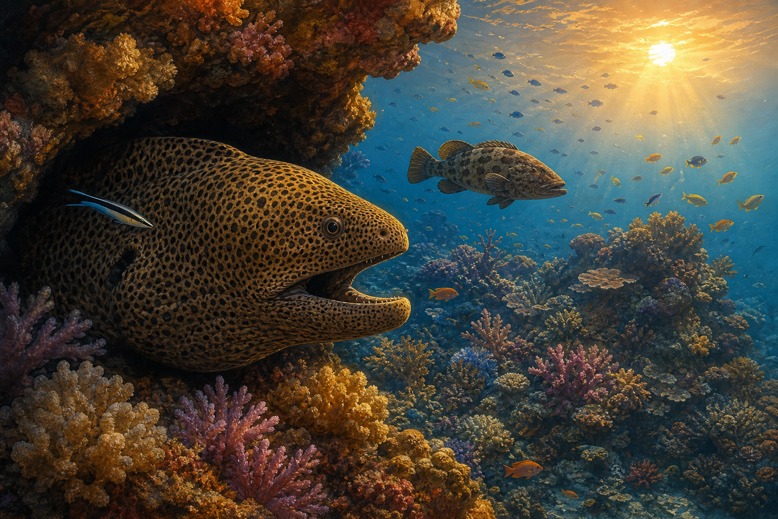 An editorial illustration celebrating the life and habitat of the giant moray.