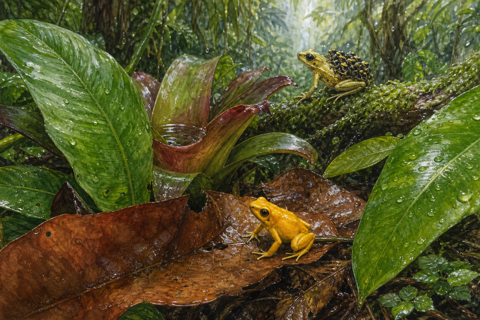 An editorial illustration celebrating the life and habitat of the golden poison frog.