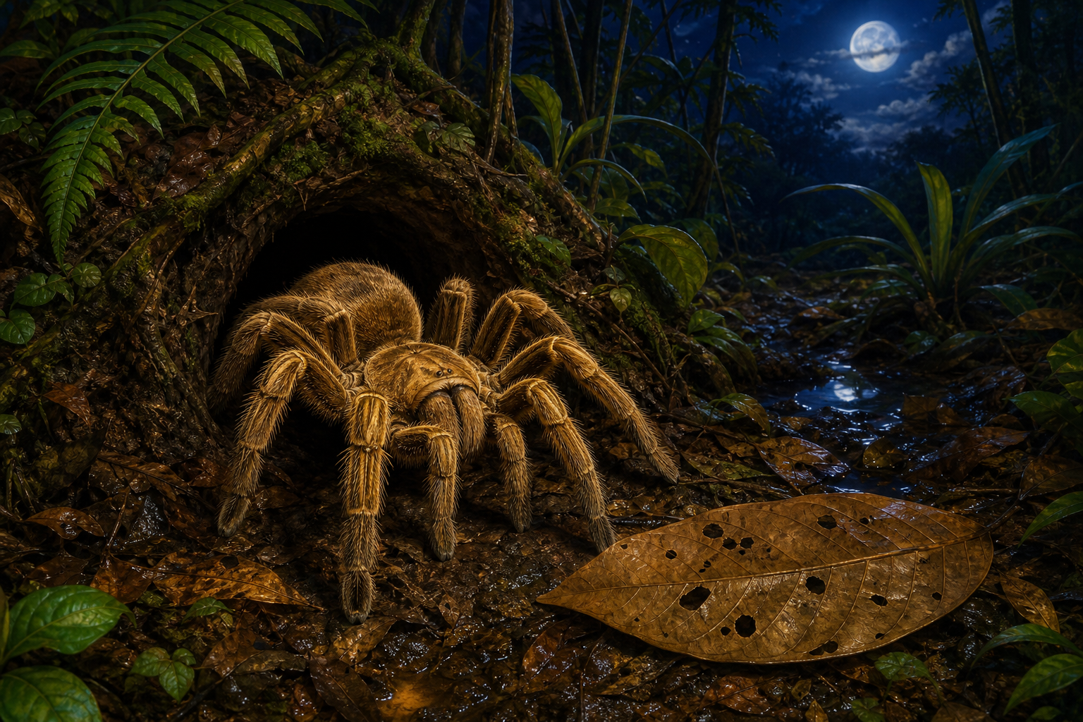 An editorial illustration celebrating the life and habitat of the goliath birdeater.