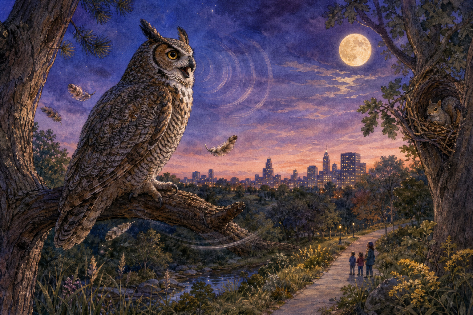 An editorial illustration celebrating the life and habitat of the great horned owl.