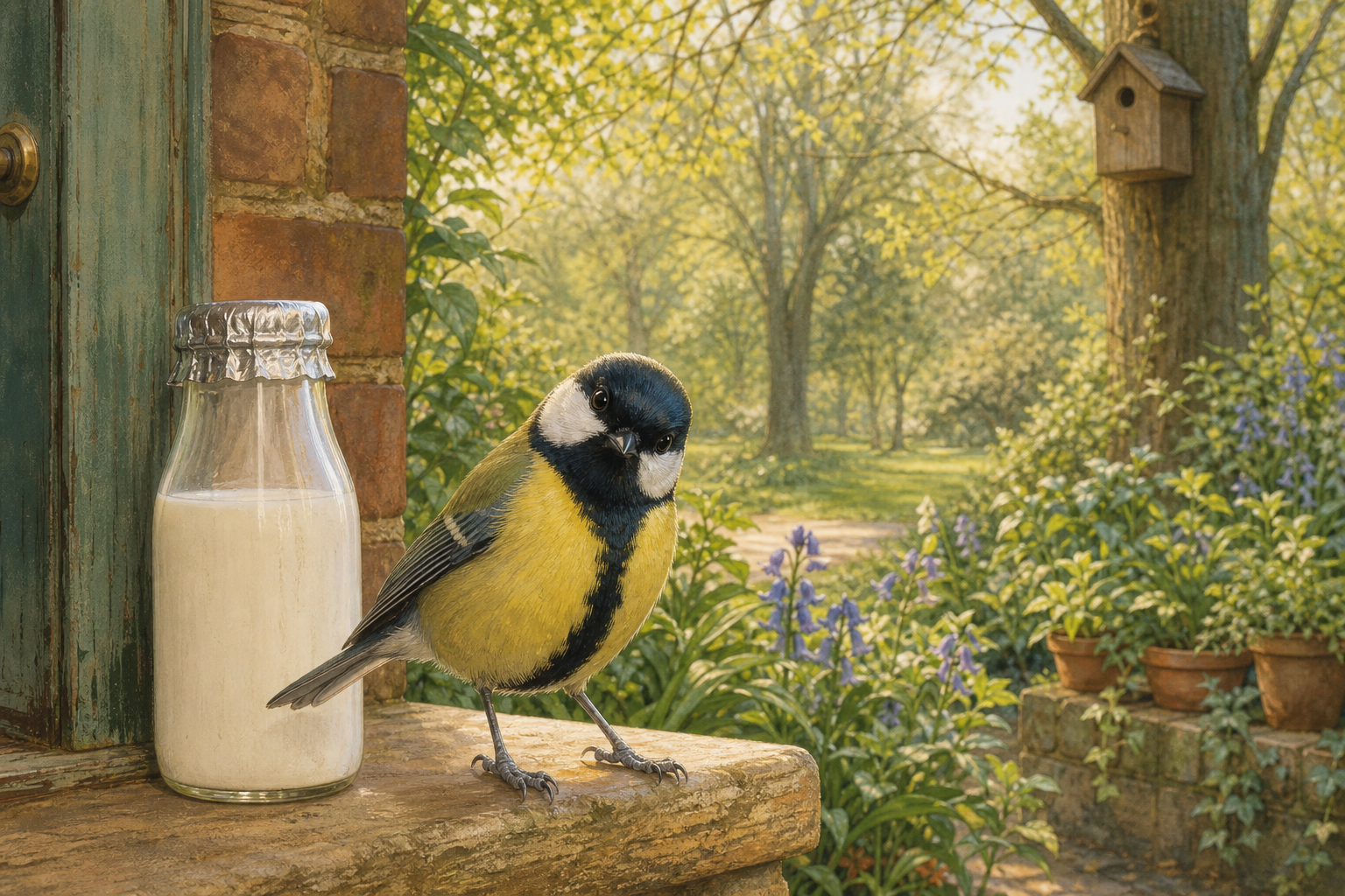 An editorial illustration celebrating the life and habitat of the great tit.