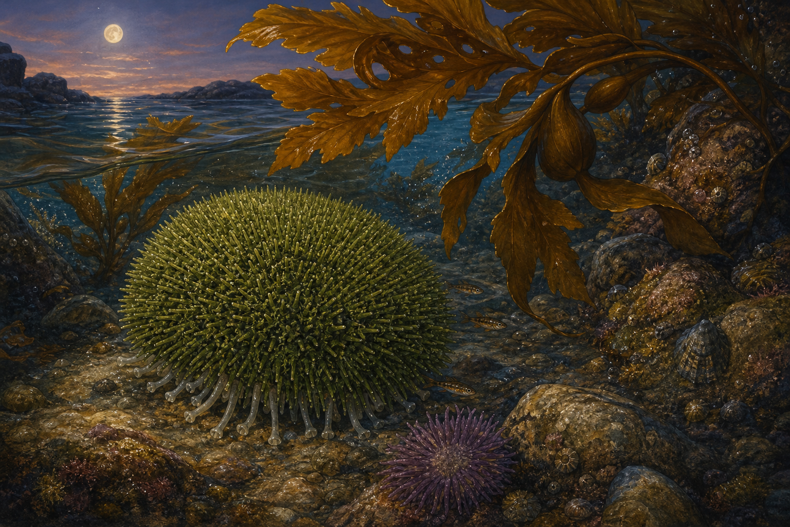 An editorial illustration celebrating the life and habitat of the green sea urchin.