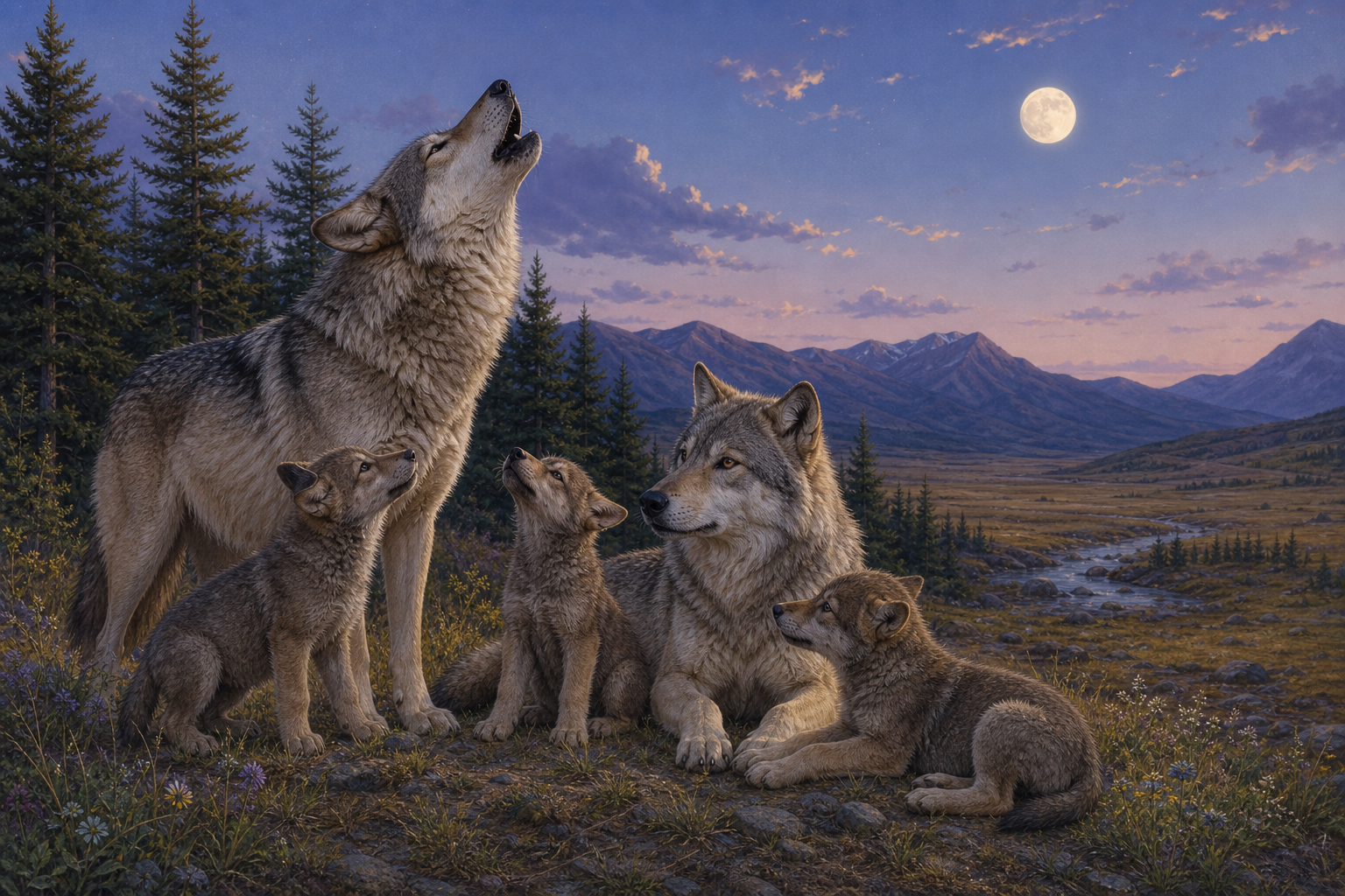 An editorial illustration celebrating the life and habitat of the grey wolf.