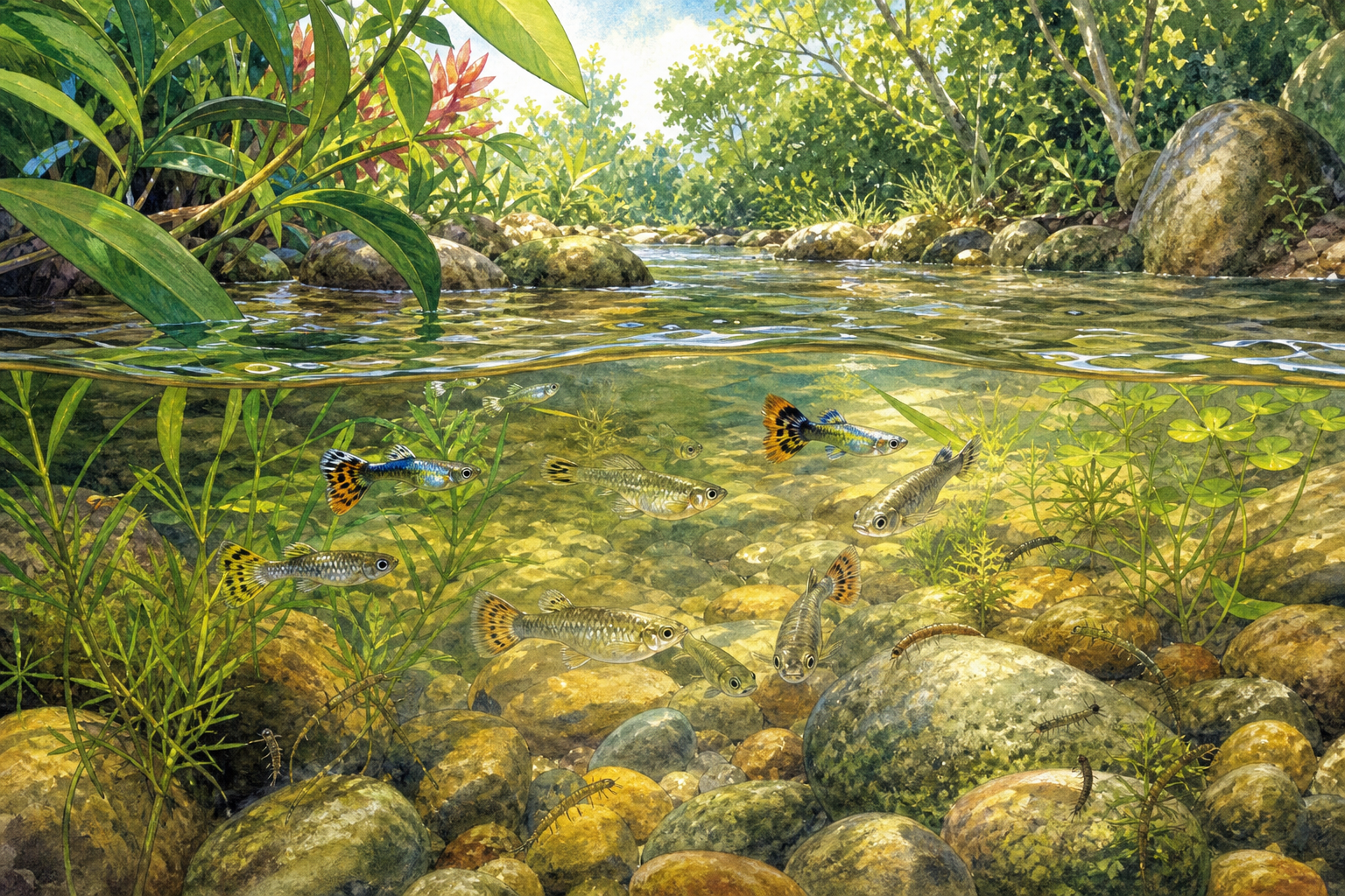 An editorial illustration celebrating the life and habitat of the guppy.