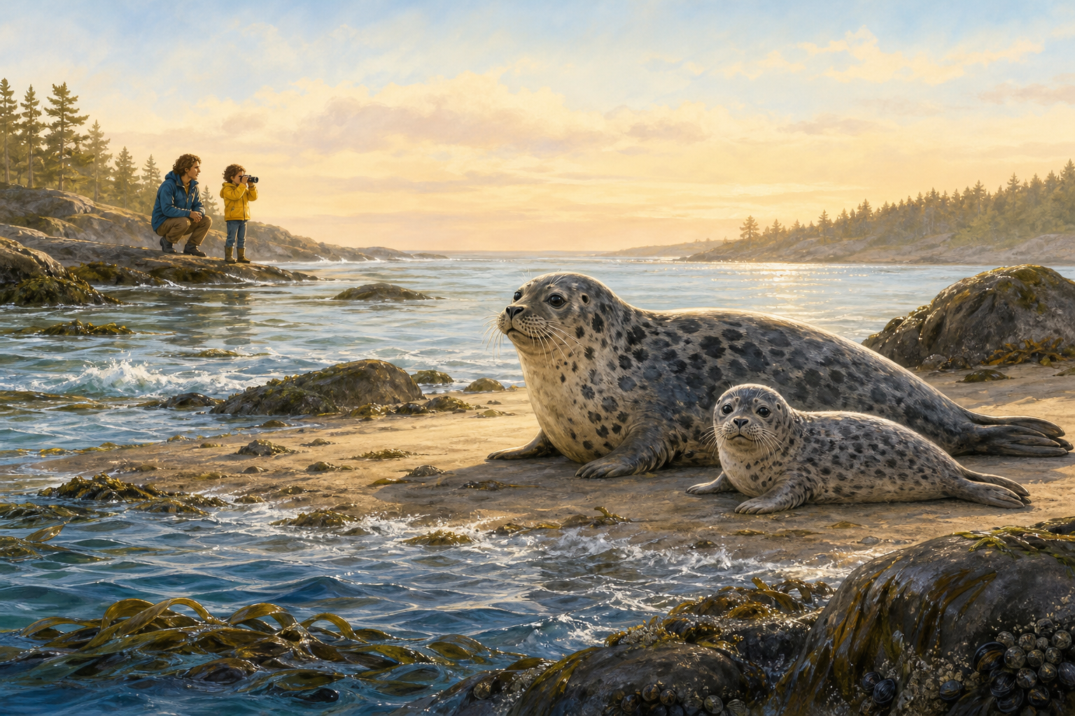 An editorial illustration celebrating the life and habitat of the harbour seal.