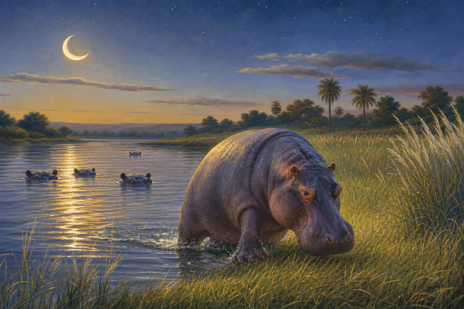 An editorial illustration celebrating the life and habitat of the hippopotamus.
