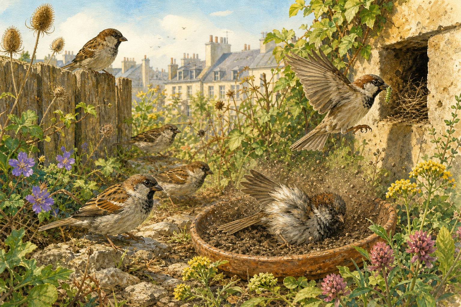 An editorial illustration celebrating the life and habitat of the house sparrow.