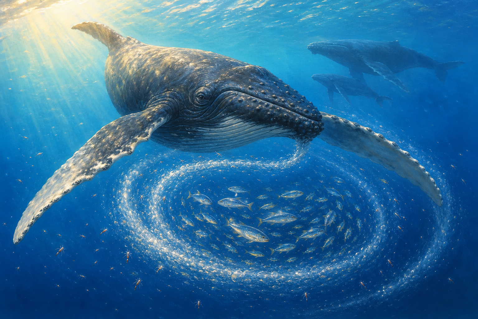 An editorial illustration celebrating the life and habitat of the humpback whale.