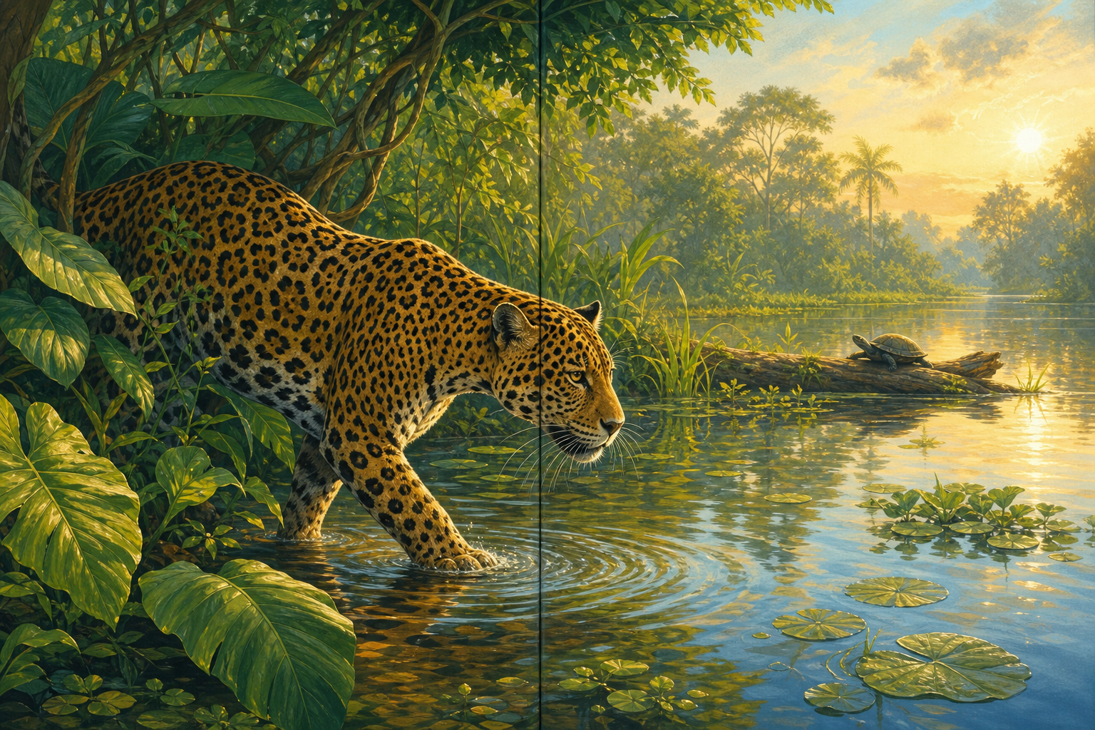 An editorial illustration celebrating the life and habitat of the jaguar.