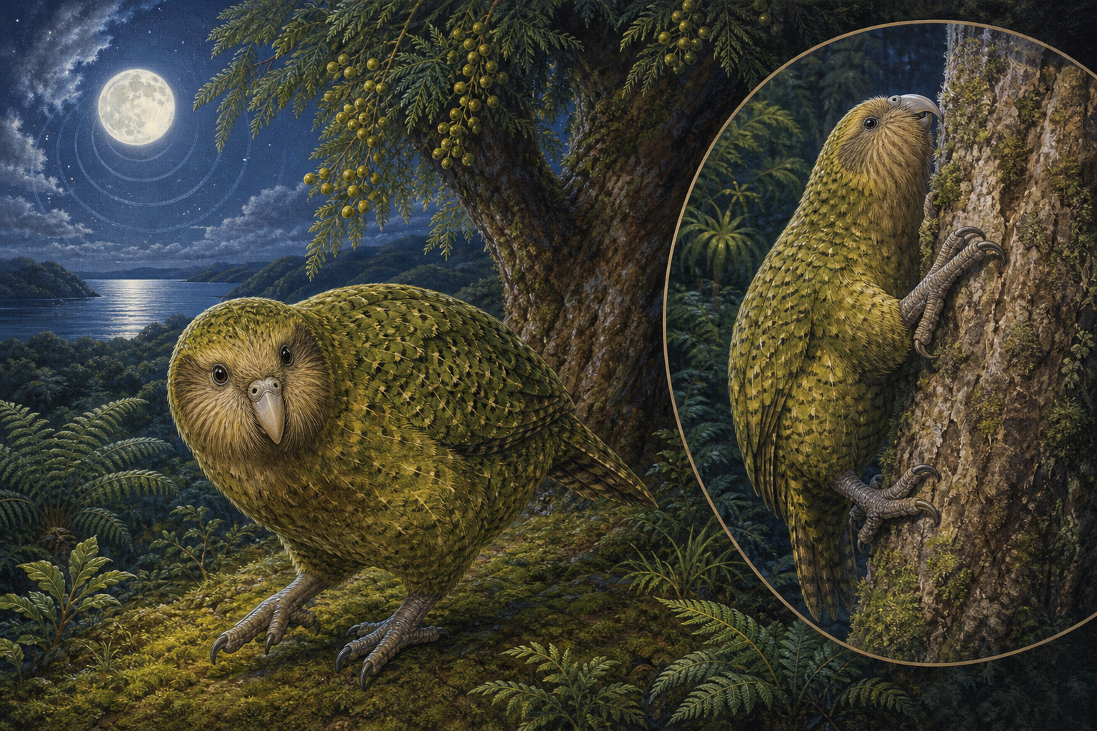 An editorial illustration celebrating the life and habitat of the kakapo.