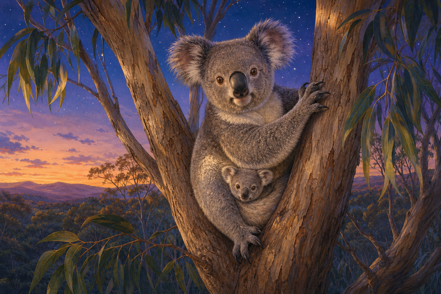 An editorial illustration celebrating the life and habitat of the koala.