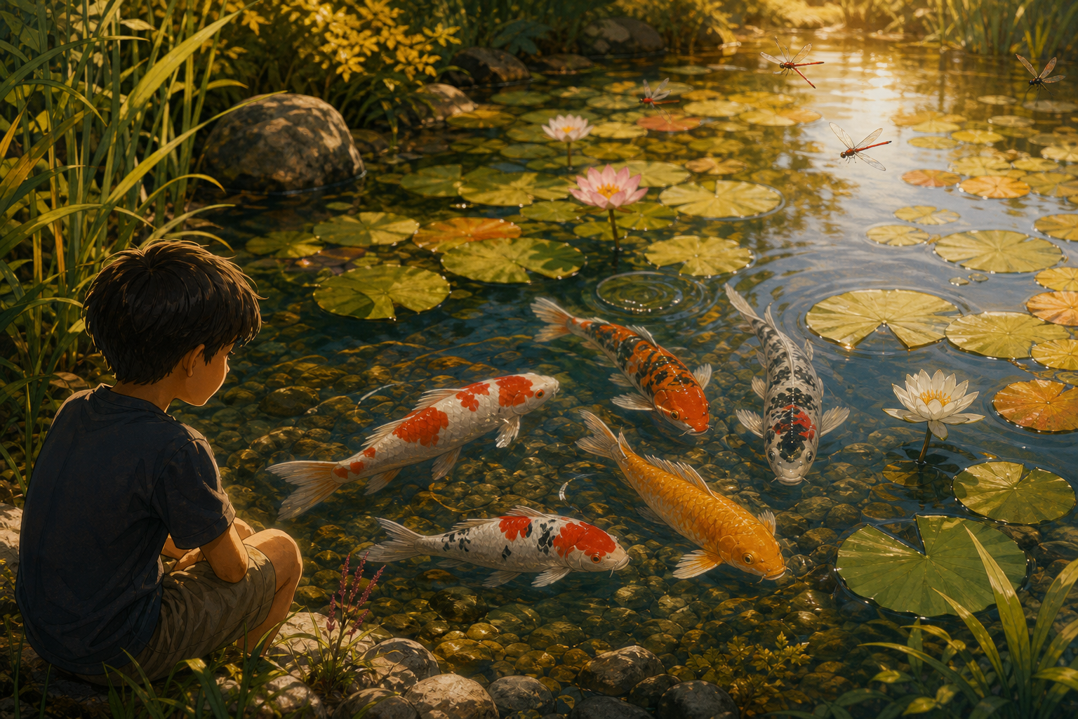 An editorial illustration celebrating the life and habitat of the koi.