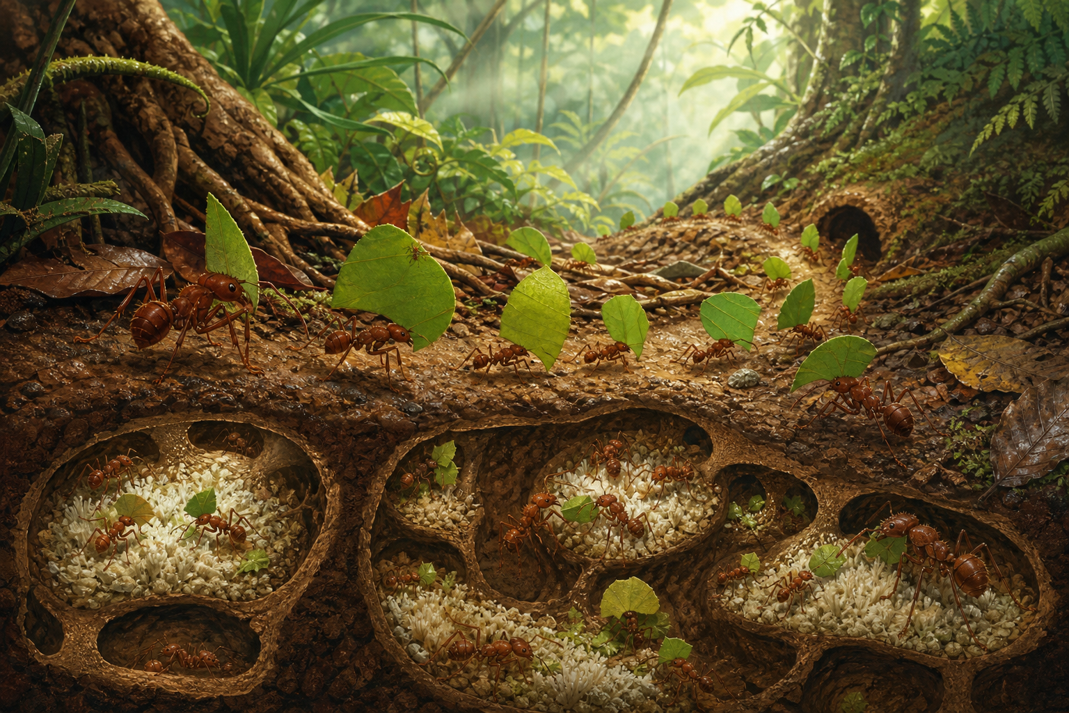 An editorial illustration celebrating the life and habitat of the leafcutter ant.