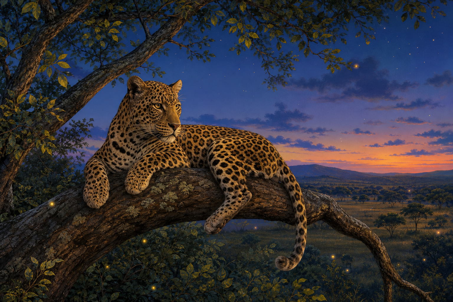 An editorial illustration celebrating the life and habitat of the leopard.