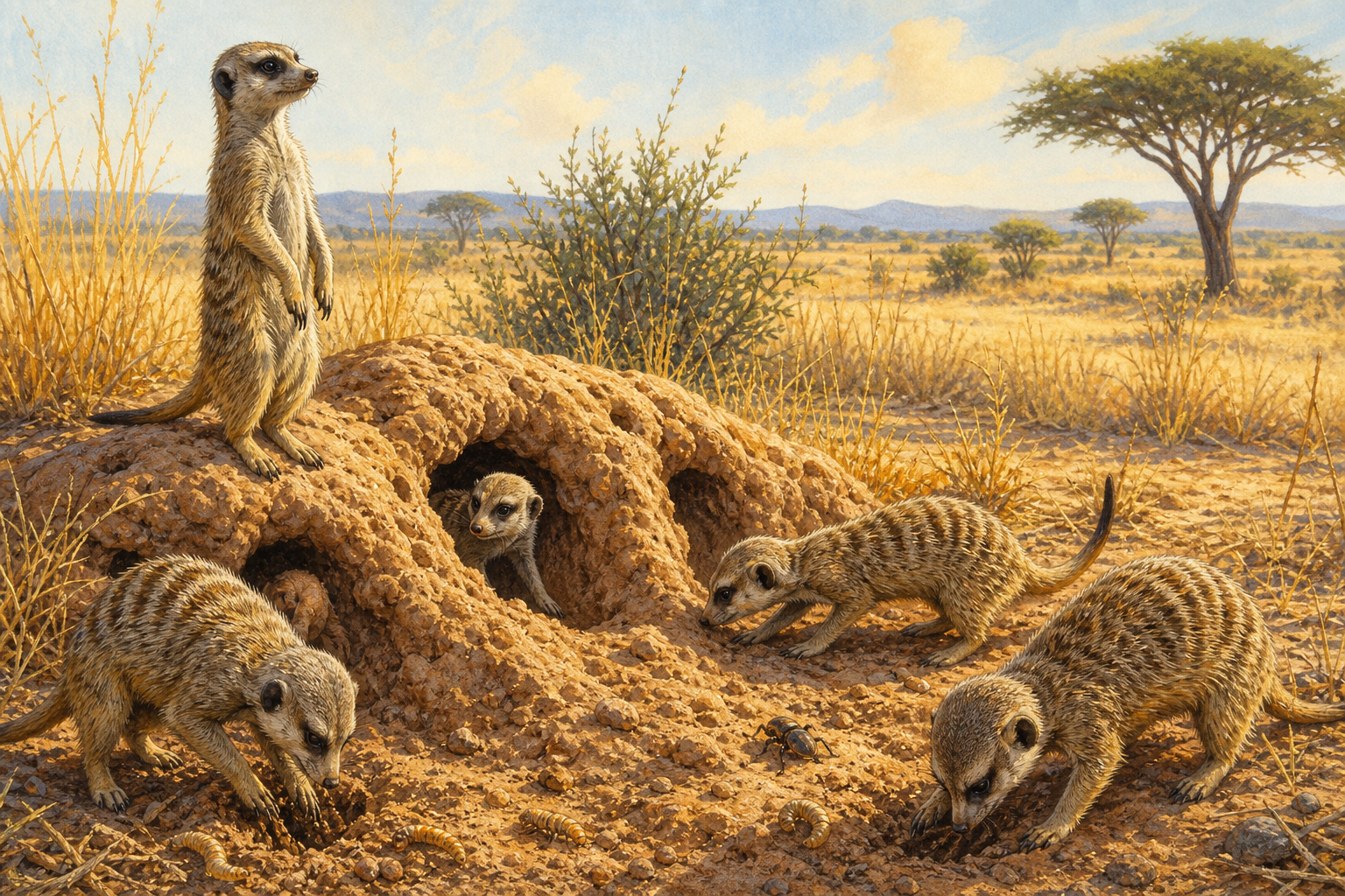 An editorial illustration celebrating the life and habitat of the meerkat.