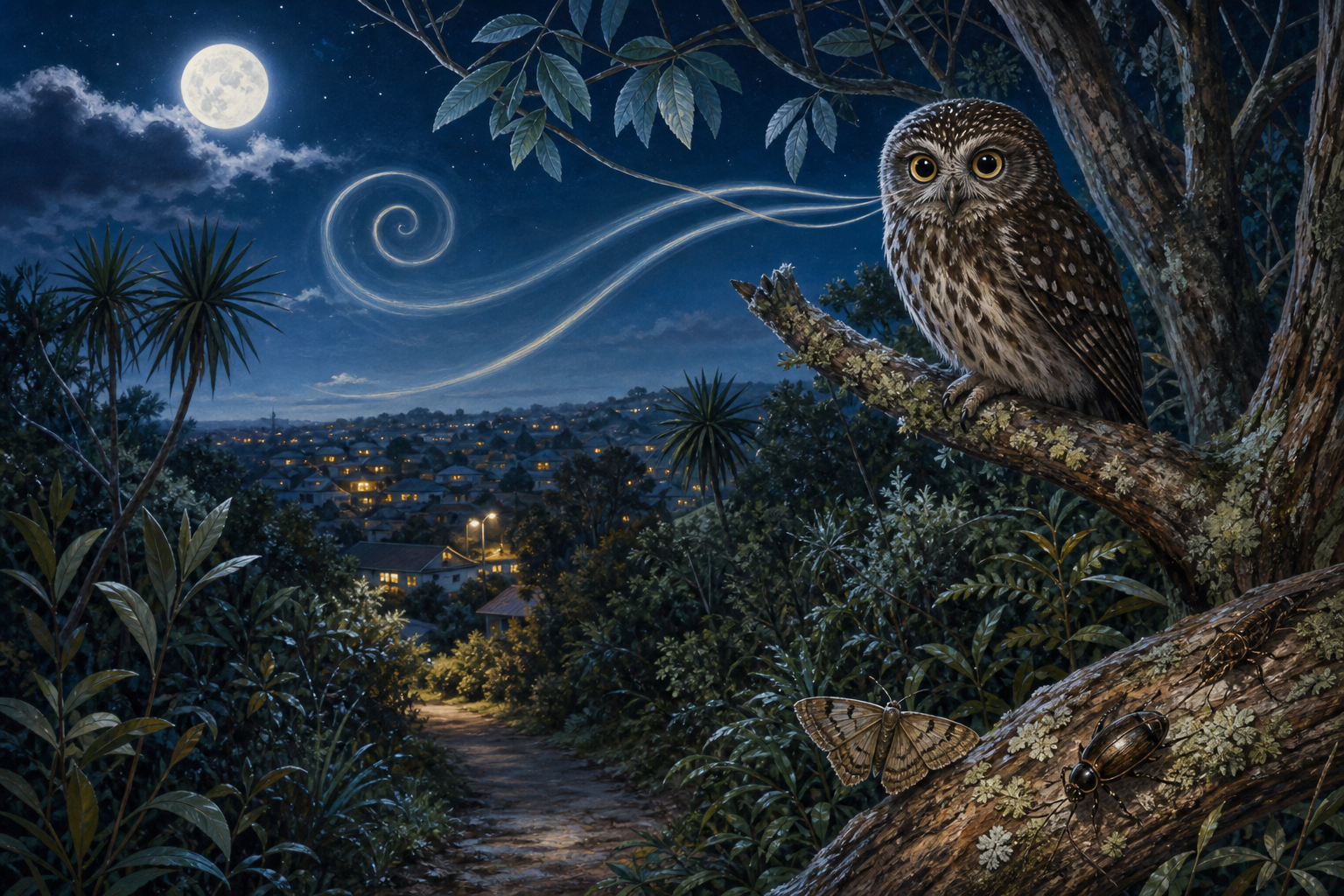 An editorial illustration celebrating the life and habitat of the morepork.
