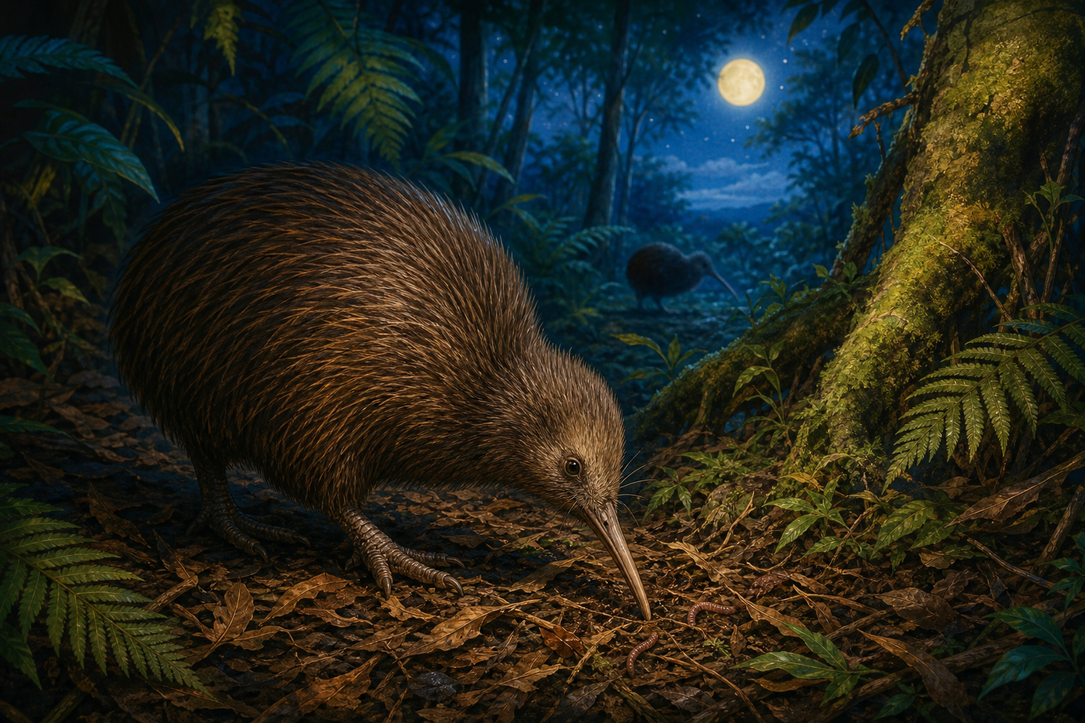 An editorial illustration celebrating the life and habitat of the kiwi.