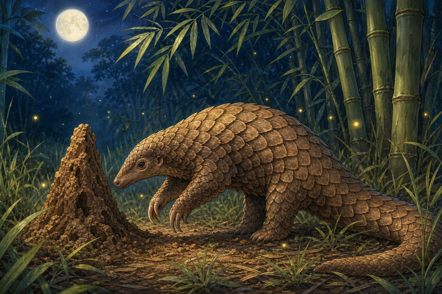 An editorial illustration celebrating the life and habitat of the pangolin.