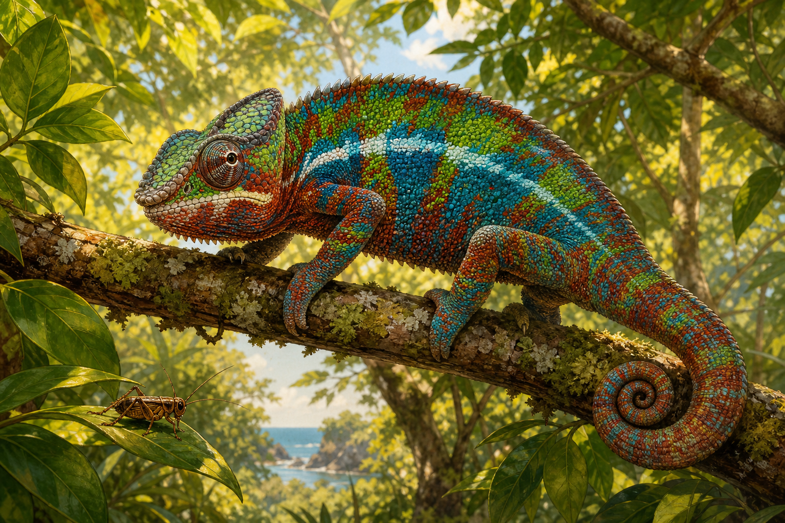 An editorial illustration celebrating the life and habitat of the panther chameleon.