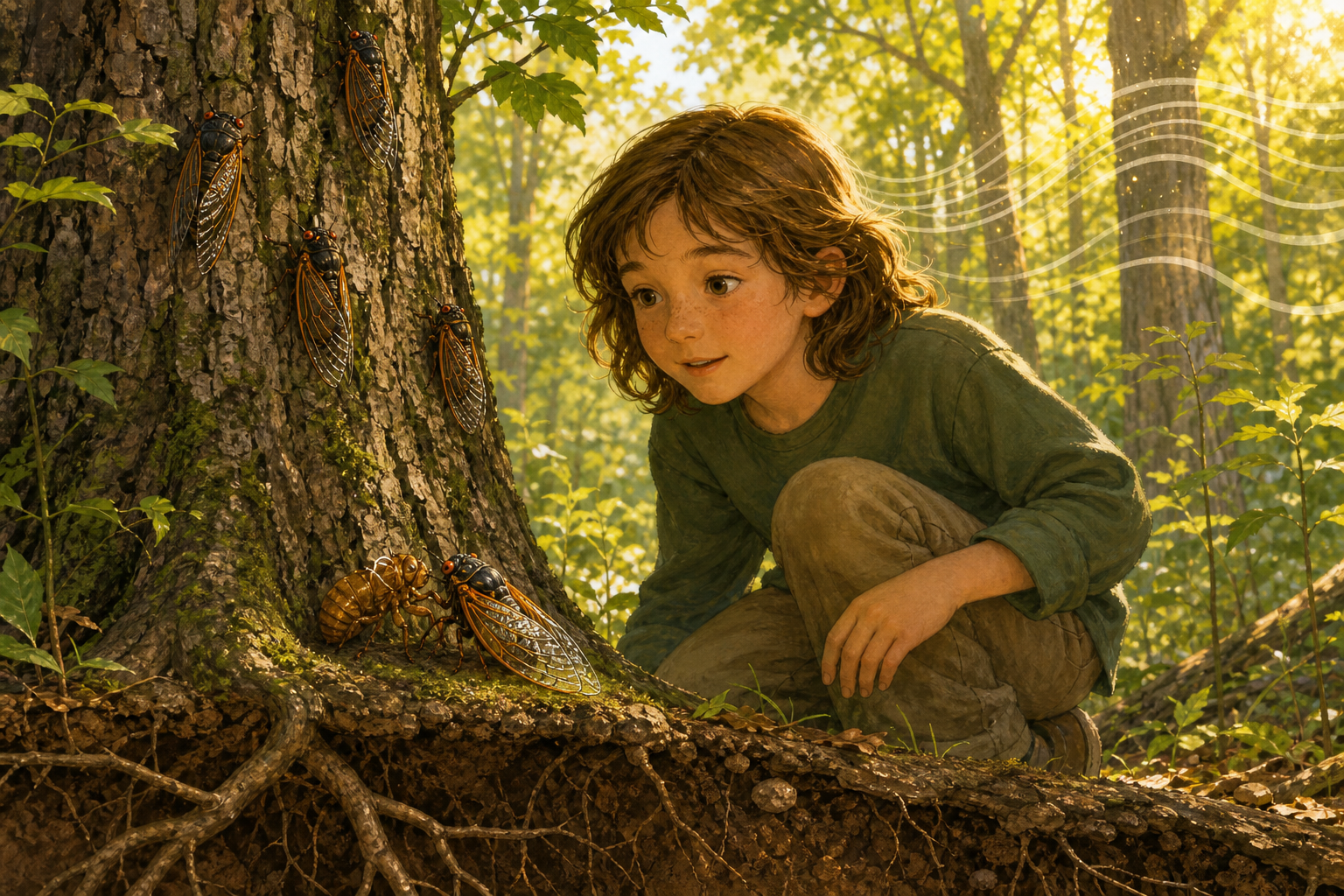 An editorial illustration celebrating the life and habitat of the periodical cicada.