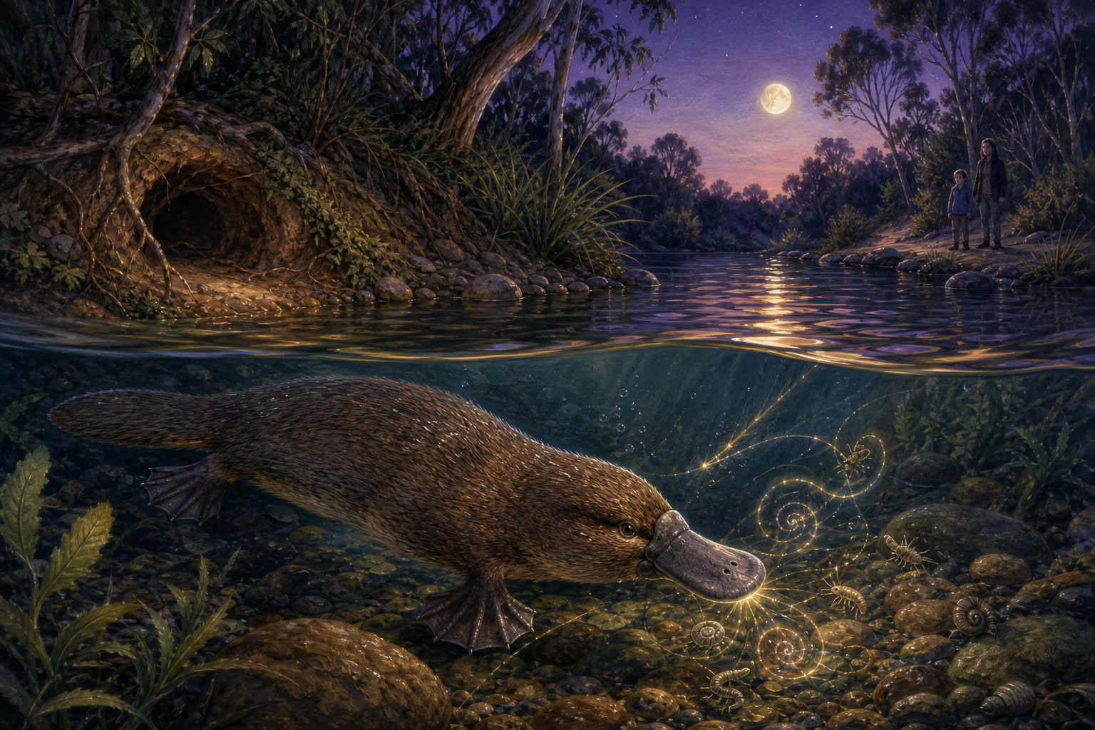 An editorial illustration celebrating the life and habitat of the platypus.