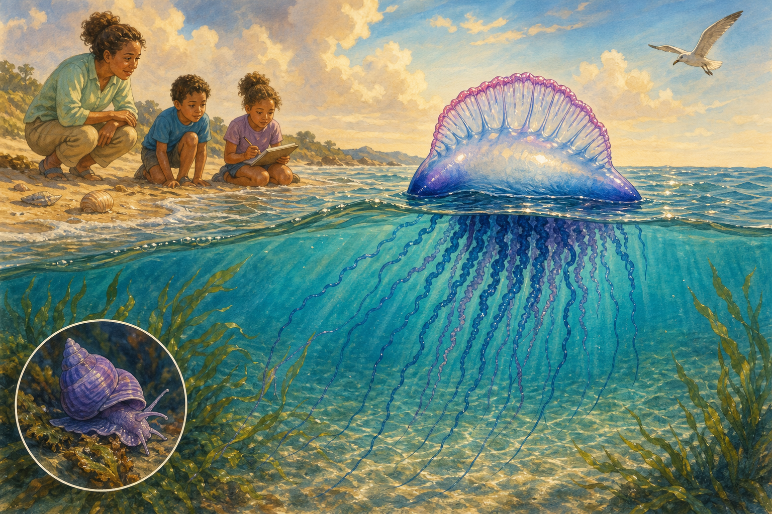 An editorial illustration celebrating the life and habitat of the portuguese man o' war.