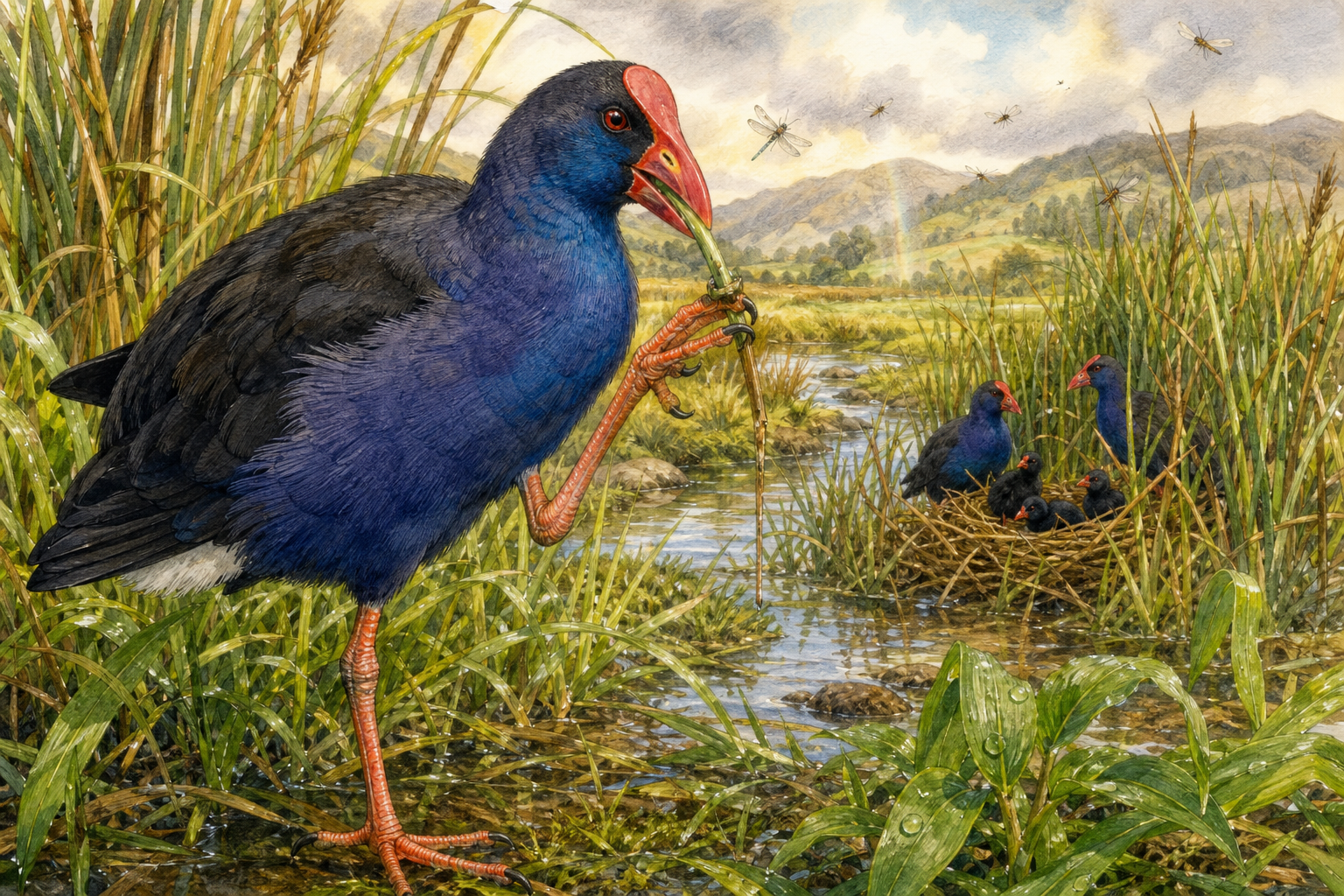 An editorial illustration celebrating the life and habitat of the pūkeko.