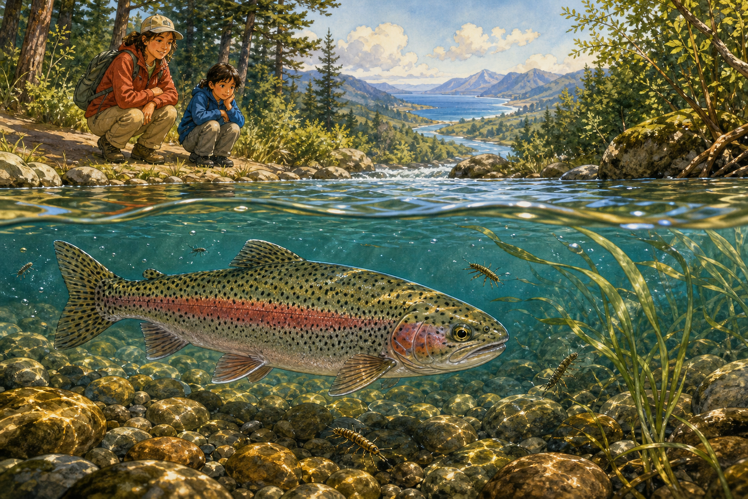 An editorial illustration celebrating the life and habitat of the rainbow trout.
