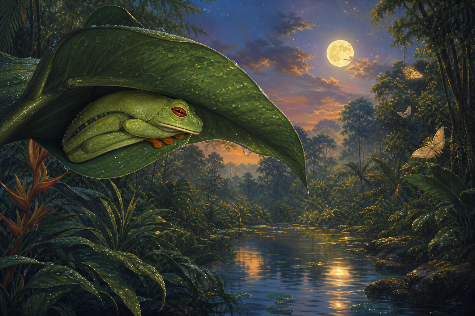 An editorial illustration celebrating the life and habitat of the red-eyed tree frog.