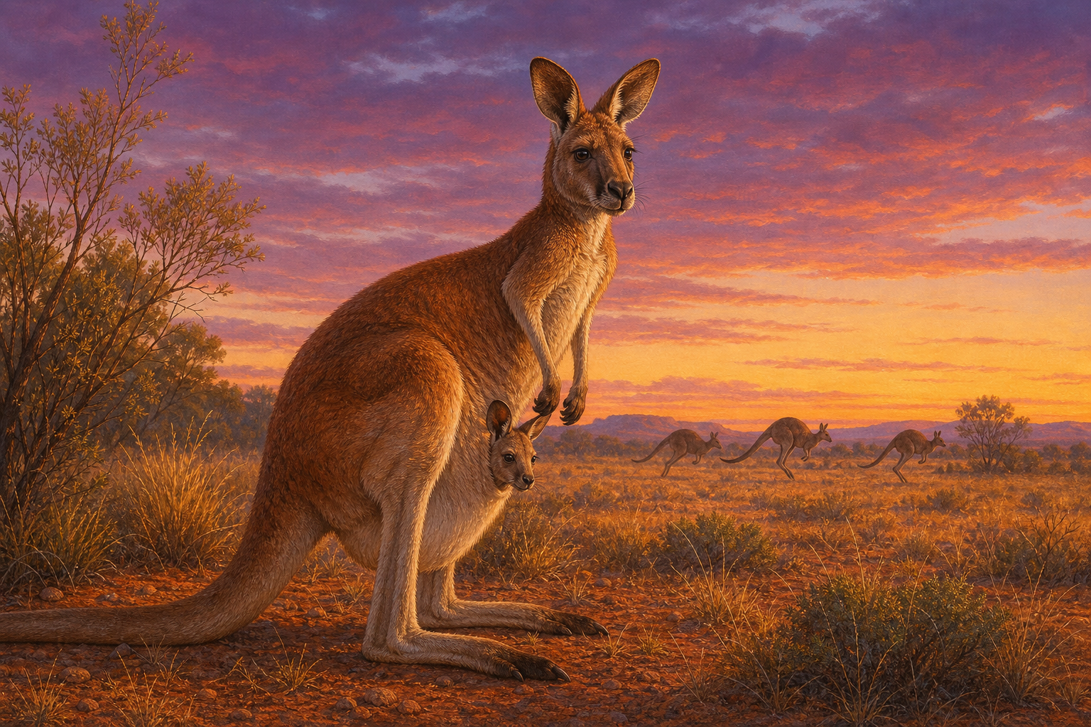 An editorial illustration celebrating the life and habitat of the red kangaroo.