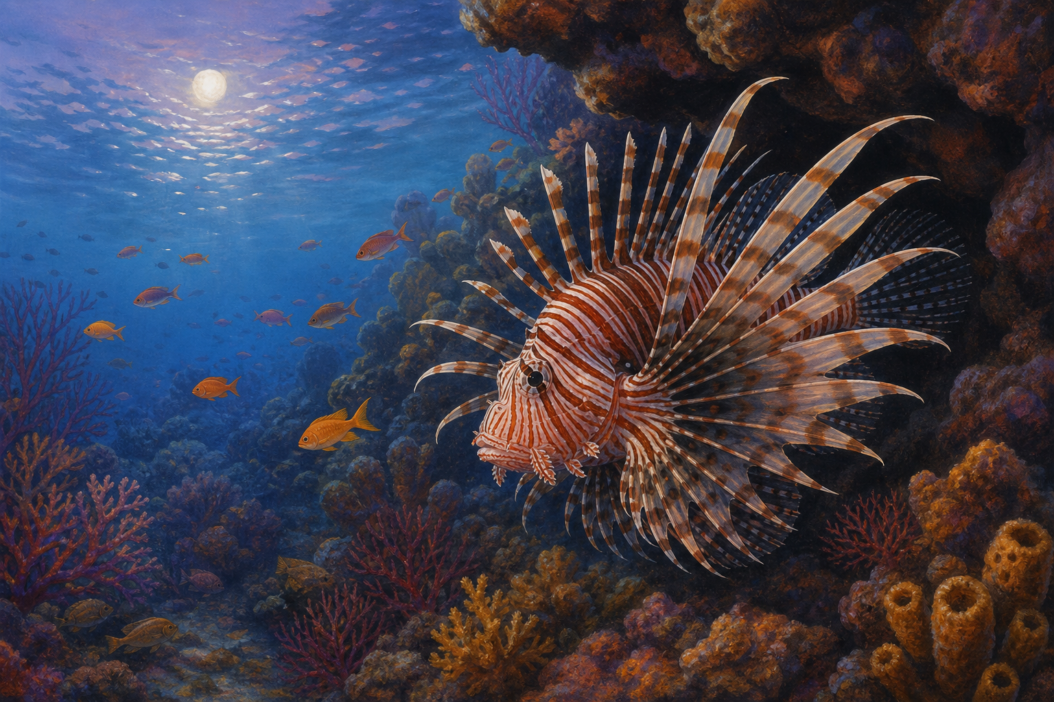 An editorial illustration celebrating the life and habitat of the red lionfish.