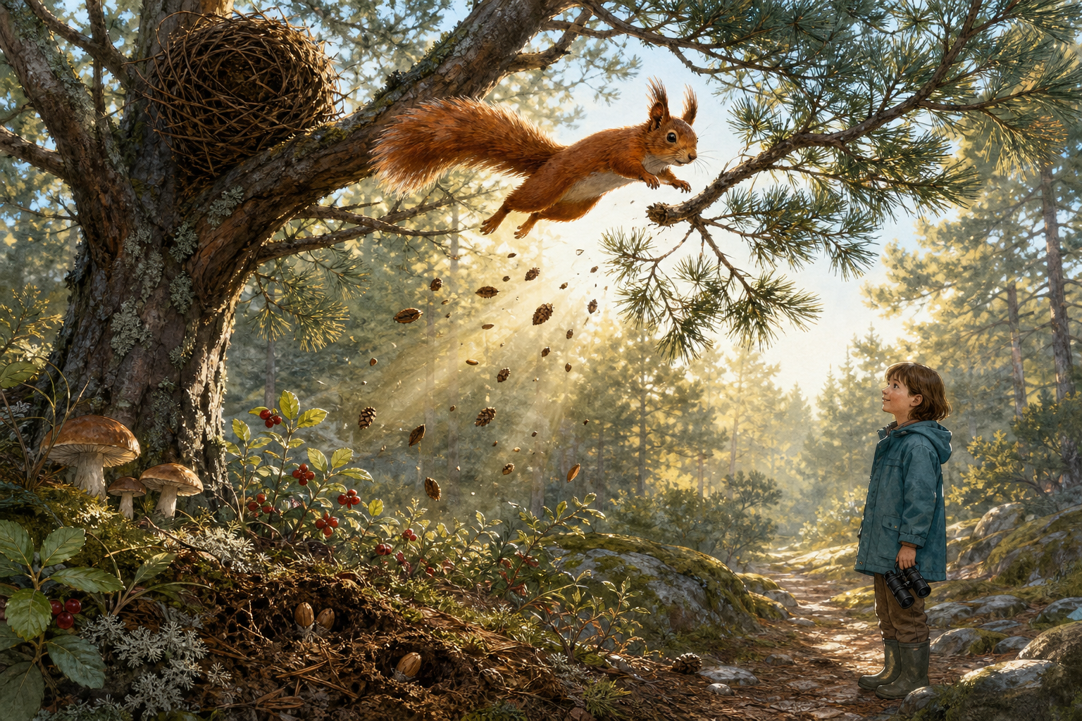 An editorial illustration celebrating the life and habitat of the red squirrel.
