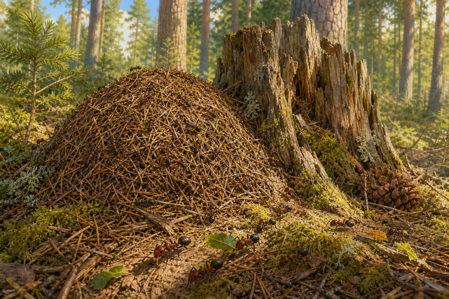 An editorial illustration celebrating the life and habitat of the red wood ant.