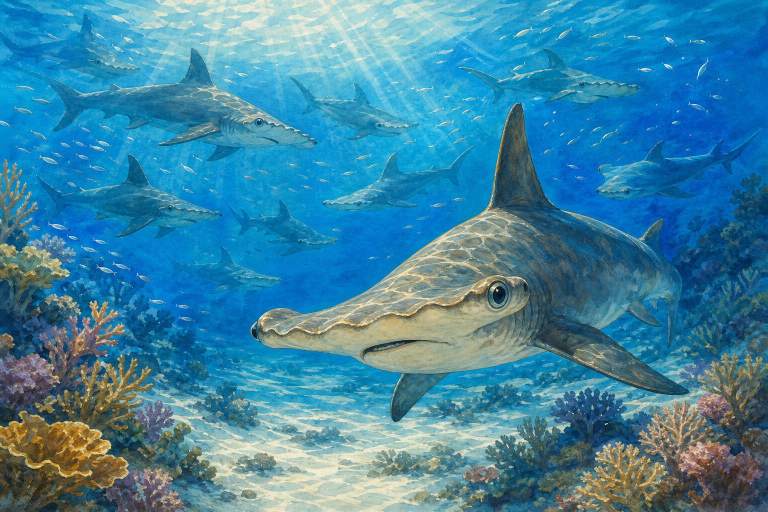 An editorial illustration celebrating the life and habitat of the scalloped hammerhead shark.