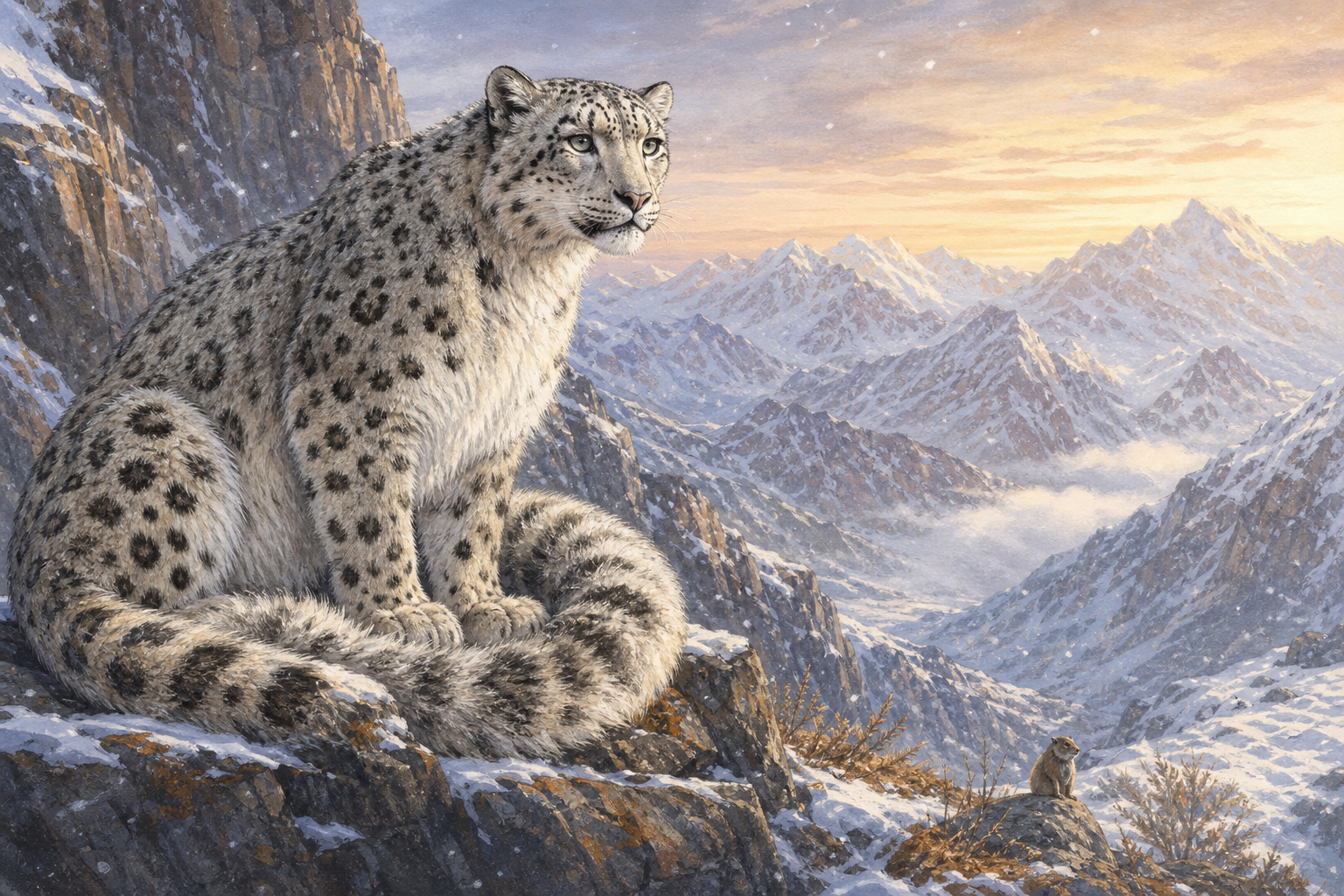 An editorial illustration celebrating the life and habitat of the snow leopard.