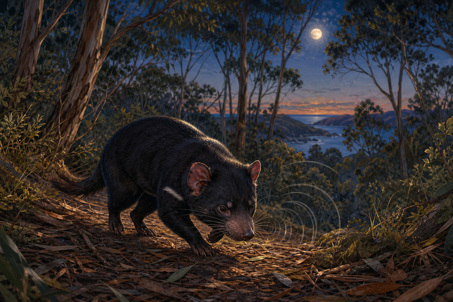 An editorial illustration celebrating the life and habitat of the tasmanian devil.