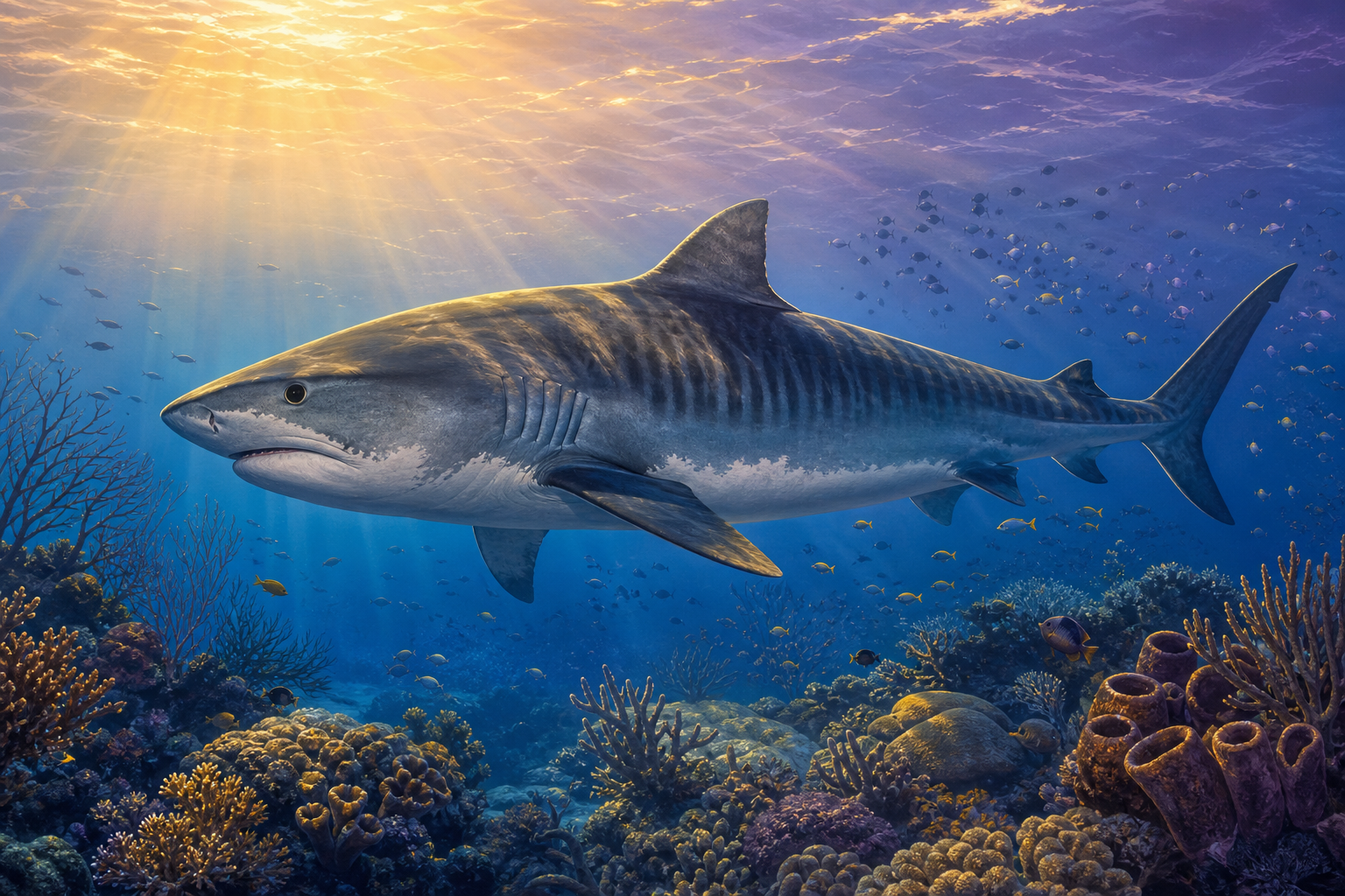 An editorial illustration celebrating the life and habitat of the tiger shark.