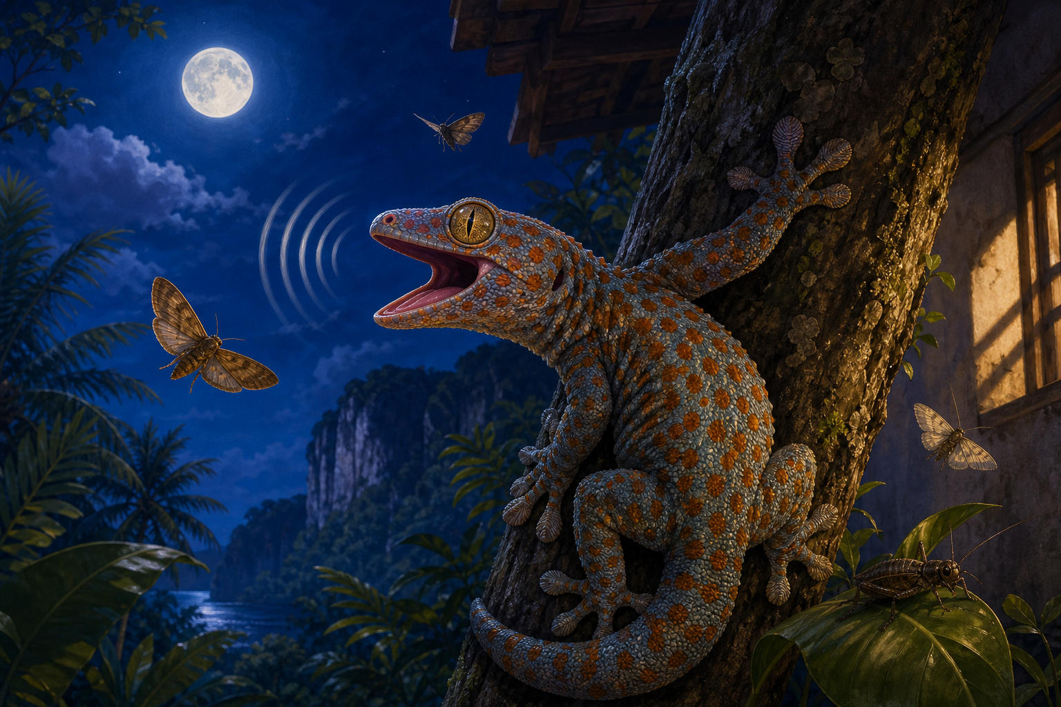 An editorial illustration celebrating the life and habitat of the tokay gecko.