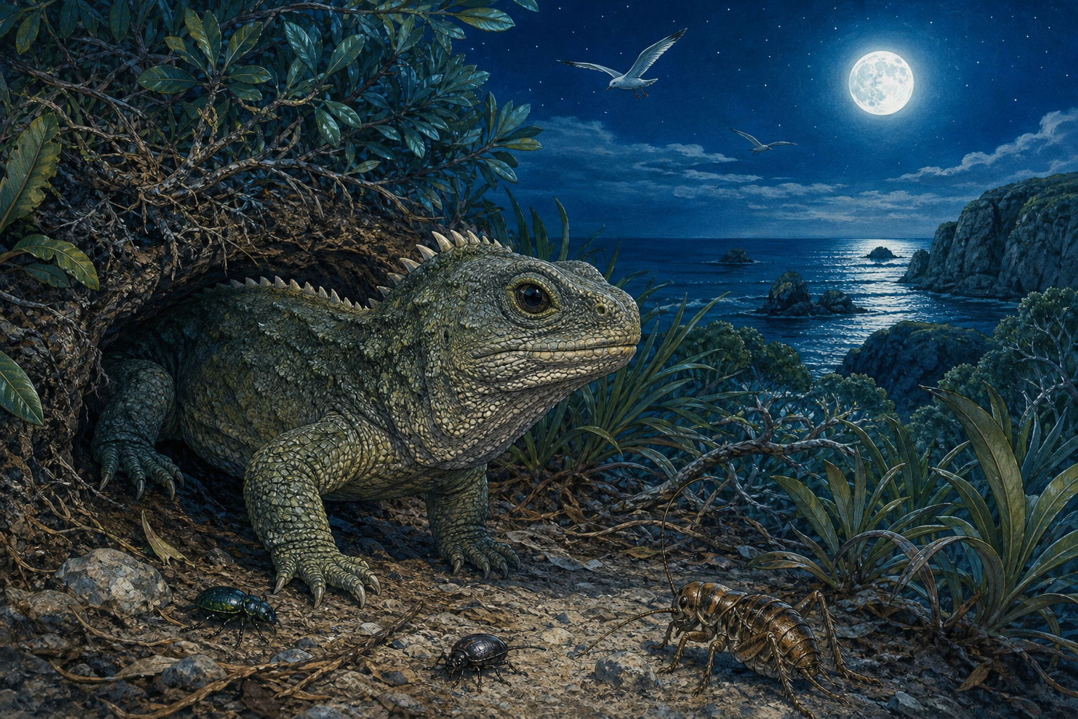 An editorial illustration celebrating the life and habitat of the tuatara.