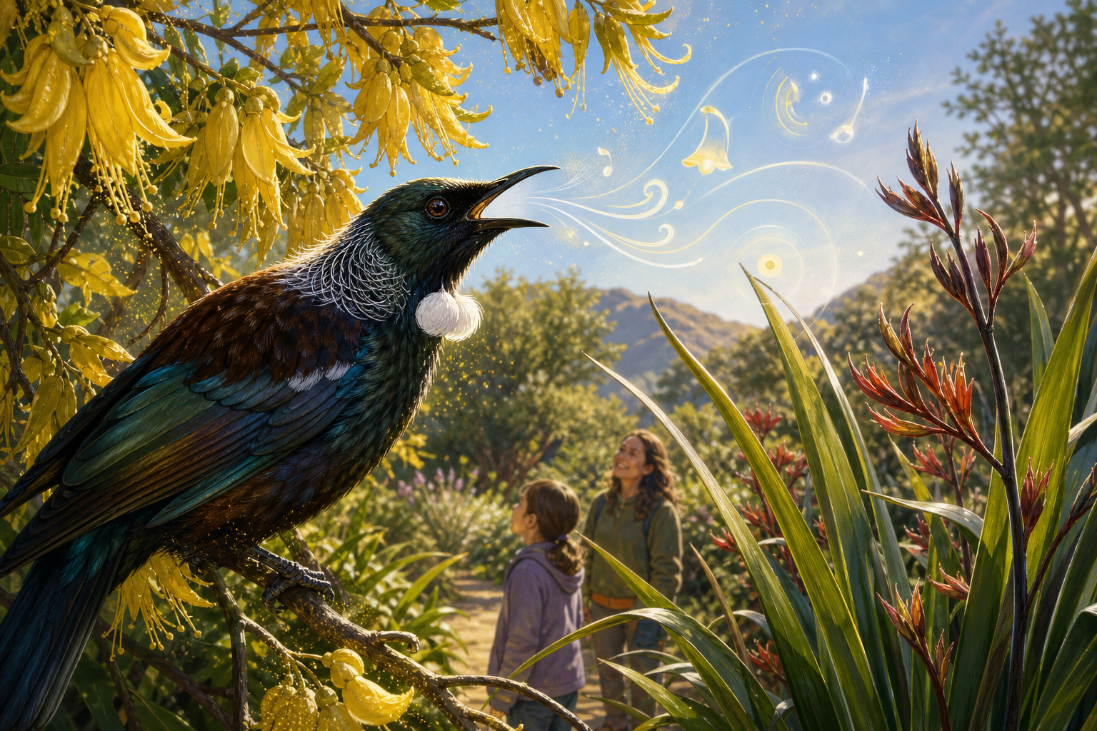 An editorial illustration celebrating the life and habitat of the tūī.