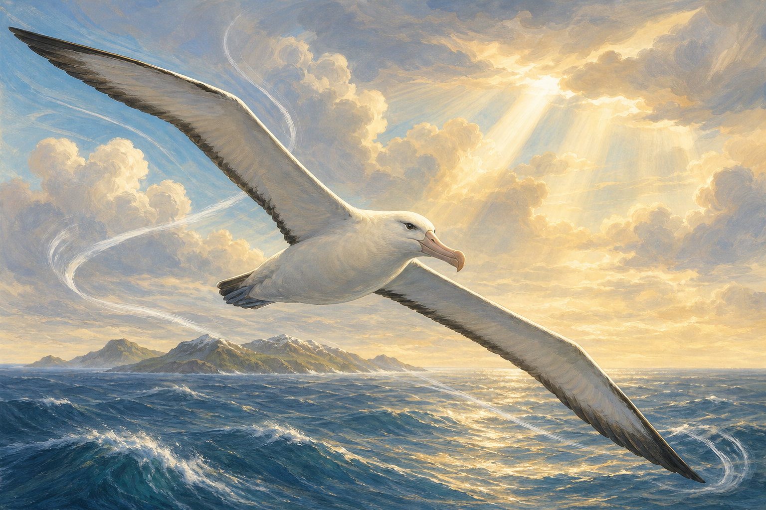 An editorial illustration celebrating the life and habitat of the wandering albatross.
