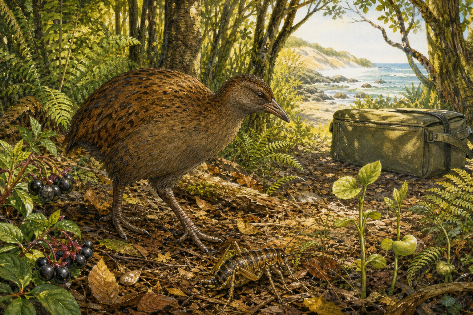 An editorial illustration celebrating the life and habitat of the weka.