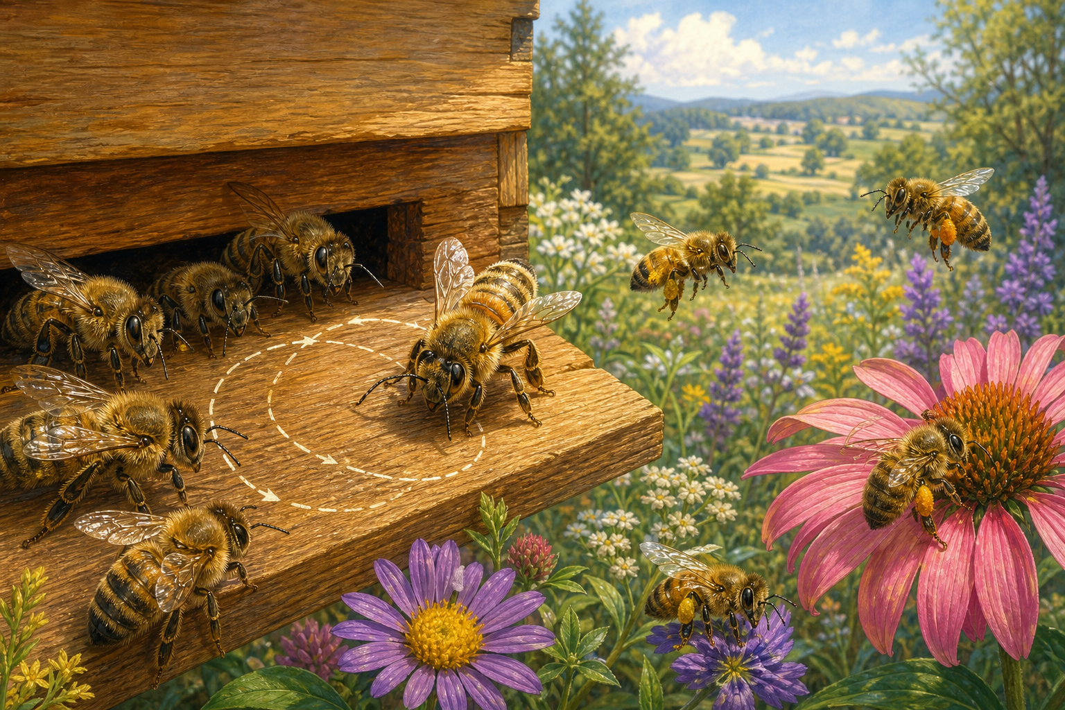 An editorial illustration celebrating the life and habitat of the western honey bee.